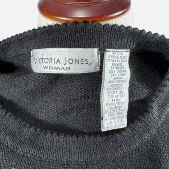 Victoria Jones Black Christmas Sweater Poinsettia Beaded Embroidery (Size 1XL) - Picture 9 of 11